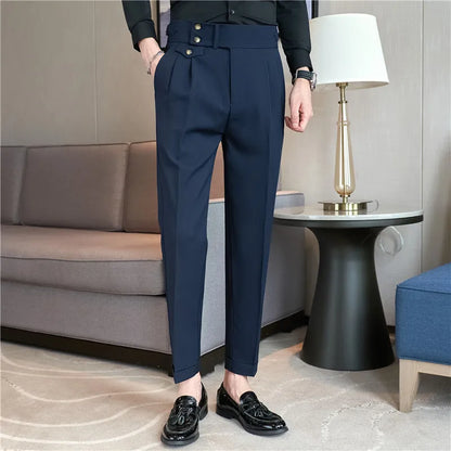 British Style Pants Men High Waist Belt Design Casual Slim Formal Office Dress Pant Men Social Wedding Party Dress Suit Trousers