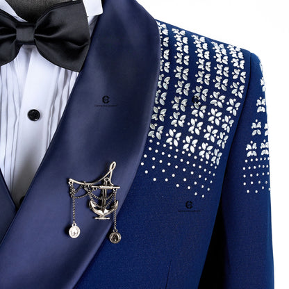 Cenne Des Graoom 2024 Blue Elegant Men's Suits Double-Breasted Jewelry Ornament Handmade Tuxedo Pants for Wedding Groom Party