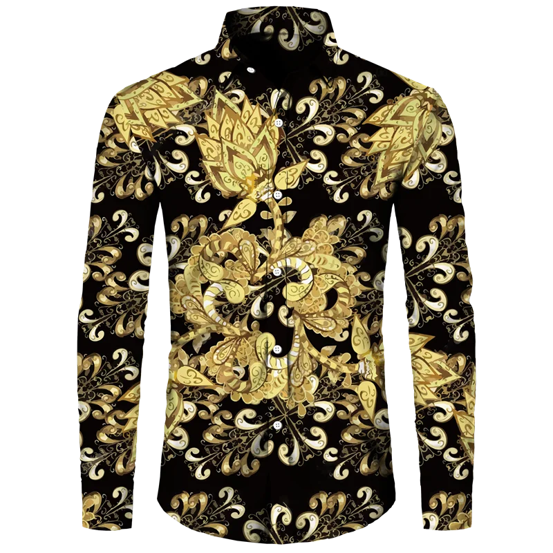 Golden Flower Pattern Print Men's Shirts Casual Single-Breasted Cardigan Long Sleeve Shirt Fashion Trend Tops Men Clothing