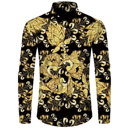 Golden Flower Pattern Print Men's Shirts Casual Single-Breasted Cardigan Long Sleeve Shirt Fashion Trend Tops Men Clothing