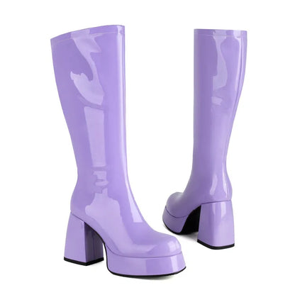 Purple Patent Leather Knee High Boots Waterproof Platform 10cm Thick Heel Bar Stage Boots 35-48  Zip Square Head Long Boots Side