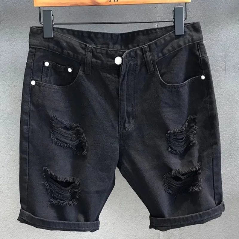 Summer Men's White Ripped Jeans Shorts Soft and Comfortable Stretch Casual Distressed Washed Cowboy Denim Jeans Male Short Pants