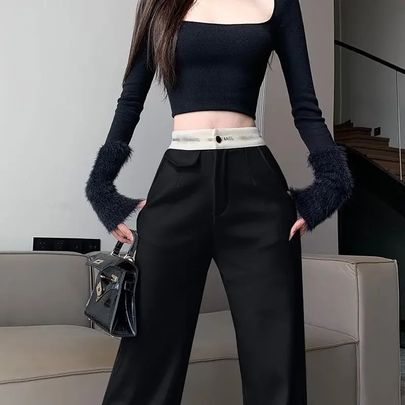 High-rise Soft Casual Trousers Women Summer New Show Thin Slimming All Verticality Straight Moped Pants Design Sense Letter