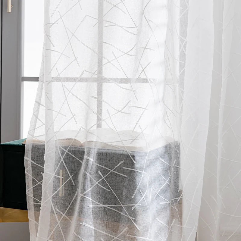 Modern White Stripes Sheer Curtain Modern Tulle Curtains for Living Room Window Curtain For Bedroom Home Decor Embroidery Drapes