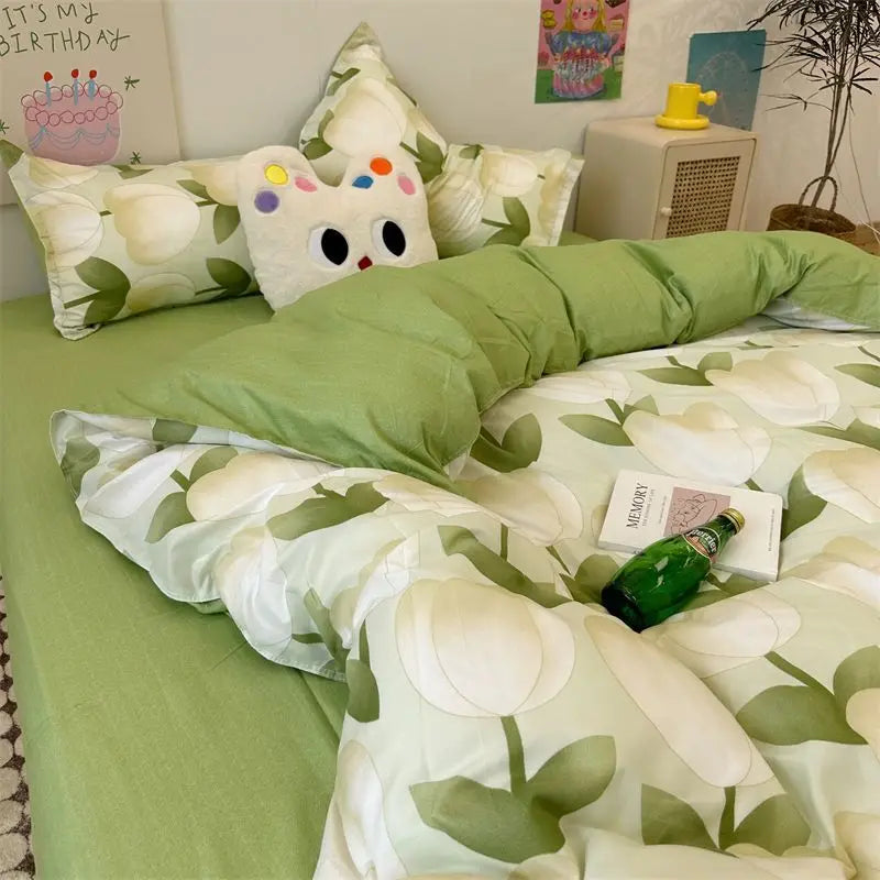 Korean Style Bedding Set Boys Girls Twin Queen Size Duvet Cover Flat Sheet Pillowcase Bed Linen Kids Adult Fashion Home Textile