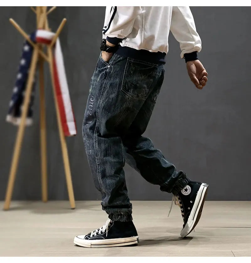 Street Fashion Men Jeans Retro Blue Printed Designer Big Pocket Casual Cargo Pants Hombre Hip Hop Joggers Men Loose Ripped Jeans