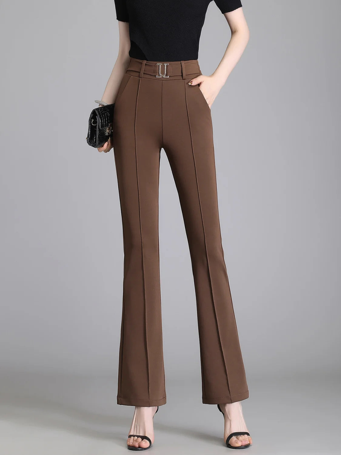 Summer Fashion Elegant Solid Color Commute High Waist Pants Office Lady Casual Elastic Spliced Flare Trousers Women's Clothing