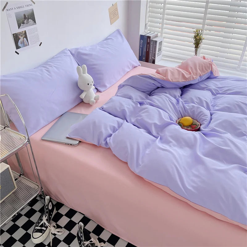 Simple Style 100% Washed Cotton Duvet Cover Queen King 3 Pieces Solid Color Bedding Set, 1 Quilt Cover and 2 Pillowcases, Purple