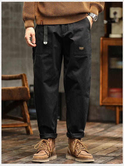 HIQOR Mens Clothing Spring Autumn Cargo Pants Man Cotton Casual Loose Trouser Belt Mid Waist Joggers Male Straight Baggy Pants