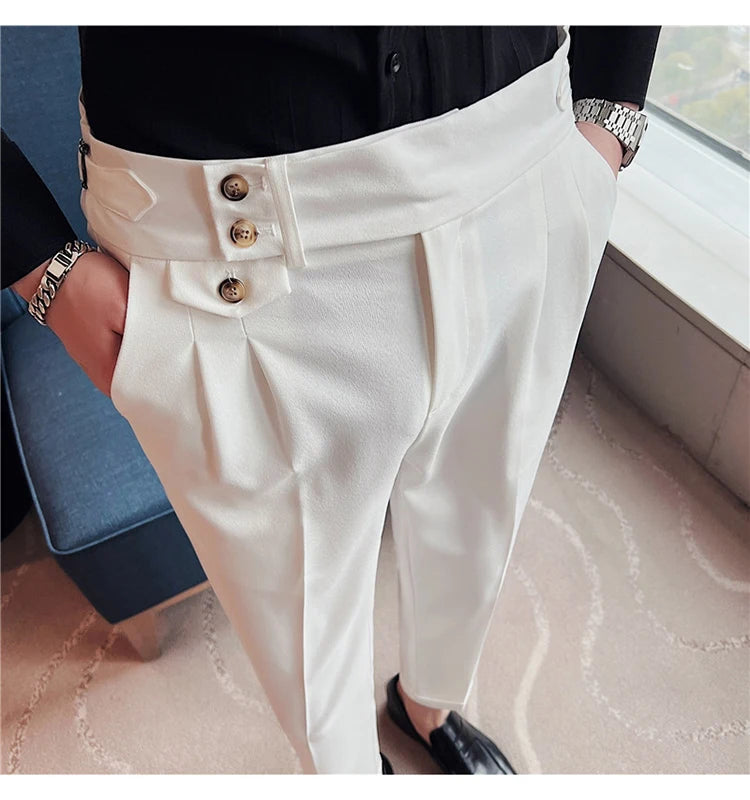 British Style Pants Men High Waist Belt Design Casual Slim Formal Office Dress Pant Men Social Wedding Party Dress Suit Trousers