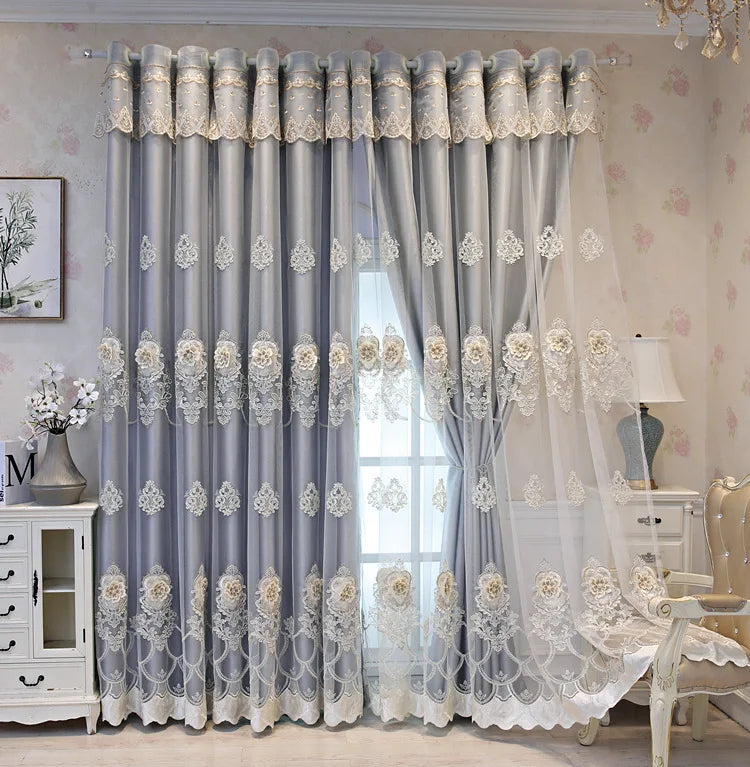 1PC High-precision Luxury Embroidered Fabric and Gauze Integrated Curtains