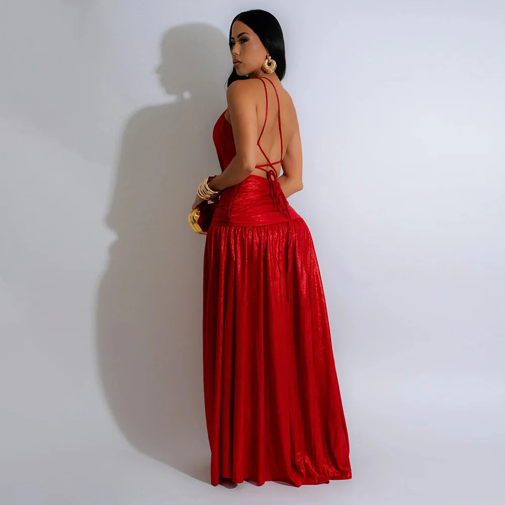 CM.YAYA Women Sleeveless Backless High Waist Birthday Long Maxi Dress 2024 Autumn Street Sexy Party Split Dresses Vestidos