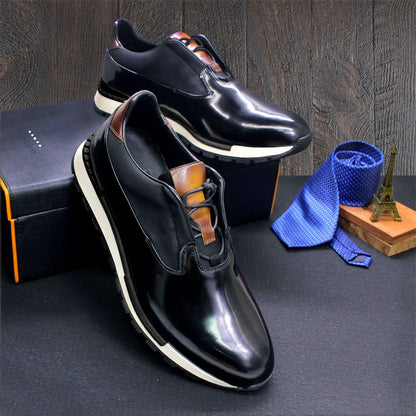 Men's Genuine Leather Casual Shoes Thick Sole Glossy Lace Up Comfortable Handmade Sneakers Dating Marriage Street Men's Shoes