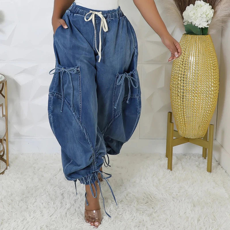 DEAT Women's High Elastic Waist Jeans Drawstring Bandage Design 2024 Autumn Fashion Loose Straight Wide Leg Denim Pants 11A0731