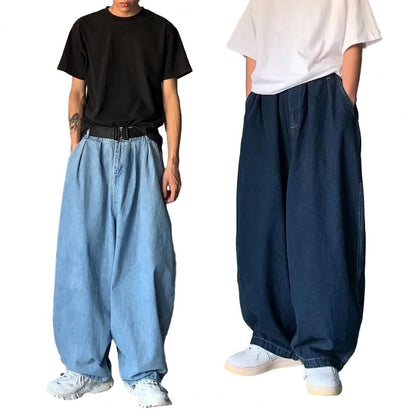 1Pc Trendy Oversize Jeans Zipper Fly/Drawstring Dressing Up Brushed Pants Thin Baggy Jeans Retro Wide Leg Man Pants Men Clothing