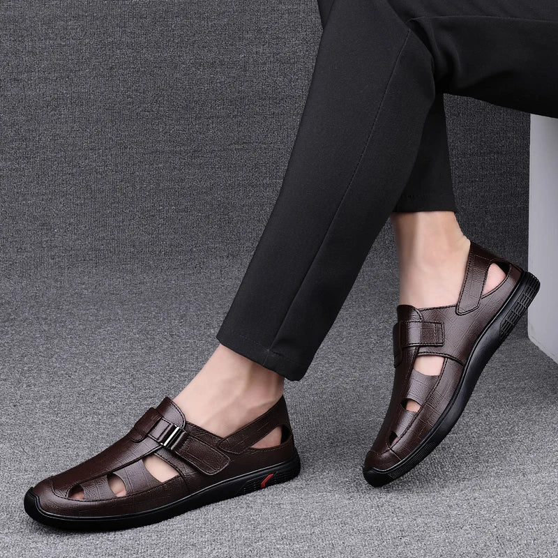 New Genuine Leather Men Black/brown Sandals Dress Shoes Summer Beach Shoes Business  Breathable Hollow Out Flat Casual Sandals