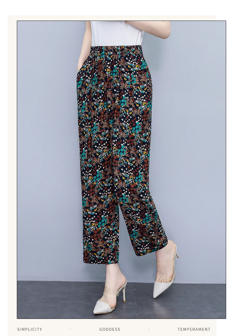 Women Pants High Waist Loose Print Summer Pants for Women Elastic Waist Vintage Clothing