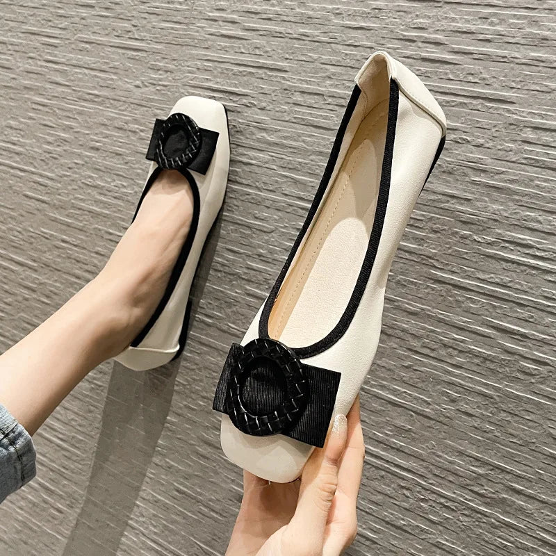 Plus size 43 44 Women Ballet Flats Leather Shoes Sweet bowknot Ladies softy sole round Toe Pumps Office Lady Big Size Loafers