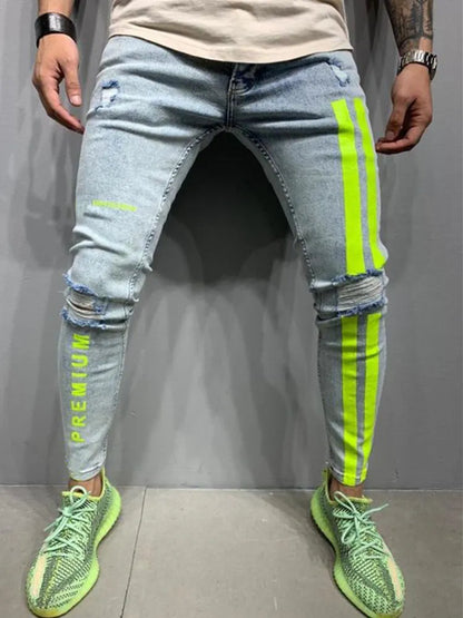 Street Jeans Men stripes Printing Denim Pants Wash Solid Color Casual Mid Waist Trousers Elastic Slim Fit Daily Wear Joggers