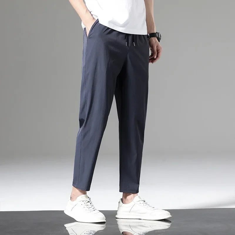 2022 New Men's Summer Ice Silk Versatile Casual Pants Thin Sports Trousers Straight Leg Nine Points Trousers For Men