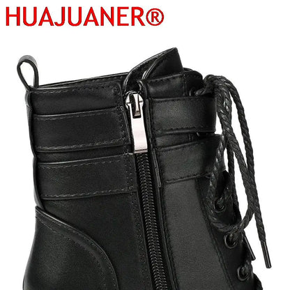 Fashion Platform Women Boots Square High Heel Ankle Boots Lace Up Zipper Motorcycle boots Autumn Winter Plush Ladies Shoes