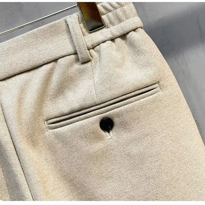 Men's Elastic Button Zipper Ruched Pockets Spliced Straight Slim Business Casual Spring Autumn Winter Solid Color Woolen Pants