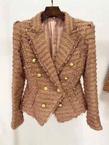 HIGH STREET Newest 2024 A/W Designer Jacket Women's Classic Lion Buttons Tassel Fringed Tweed Blazer