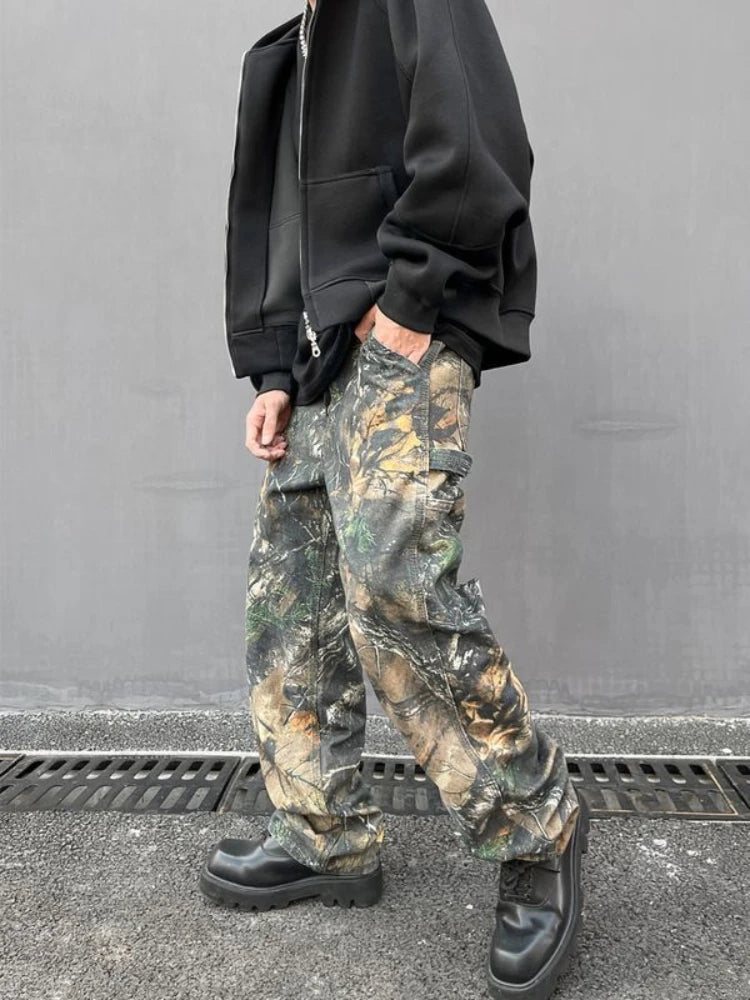 American tree patterned camouflage jeans for men ins loose Harajuku straight tube printed trendy men and women hip-hop pants