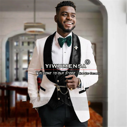 Latest Men Suits White Jacquard Black Velvet Lapel Blazer Sets Formal Wedding Groomsman Tuxedo Tailor-Made Man Marriage Clothing