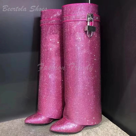 Pink Crystal Flat Knee Boot Women Rose Red Luxury Diamond Black Leather Round Toe Calf Booties Silver Metal Buckle Zip Shoes