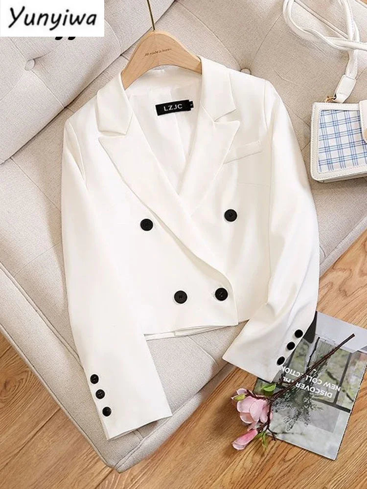 White Short Blazer Women Coat Office Lady Fashion Korean Spring Autumn Pockets Vintage Simple Casual Clothing