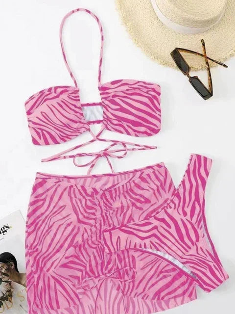 3pack Zebra Stripe Bikini Women Lace Up Swimsuit Beach Skirt 2025 Swimwear Female Padded Bathing Suit Swimming Beachwear Summer