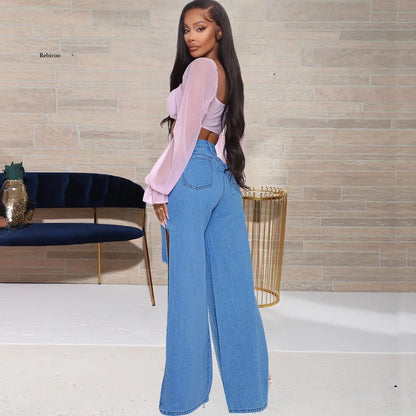 Blue Sexy Hole Jeans Women Stretch Split Wide Leg Denim Flare Long Pants Spring Autumn New High Street Ladies Fashion Club