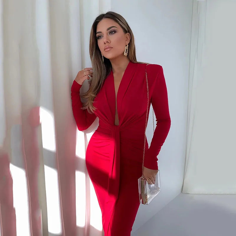 Women Sexy Split Ruched Dress Slim Long Sleeve Wrap Bodycon Dress Female Office Ladies Elegant Evening Dress Robe 2023 Autumn