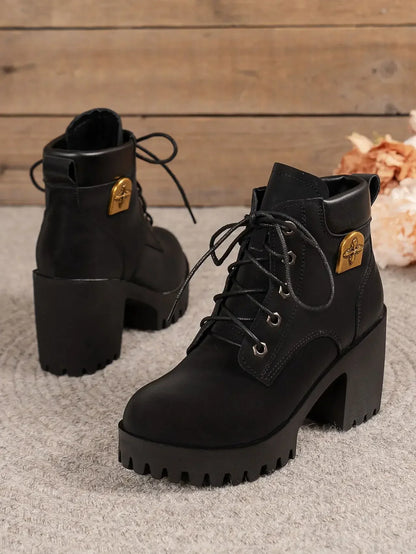 Women Retro Round Toe Chunky Heels Ankle Boots Autumn New High Heels Shoes Woman Lace Up Platform Short Booties Big Size 42