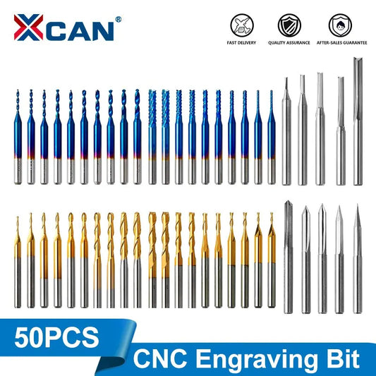 XCAN Milling Cutter 50pcs Tungsten Carbide End Mill Router Bits, 1/8'' Shank CNC Cutter Milling Carving Engraving Bit Set