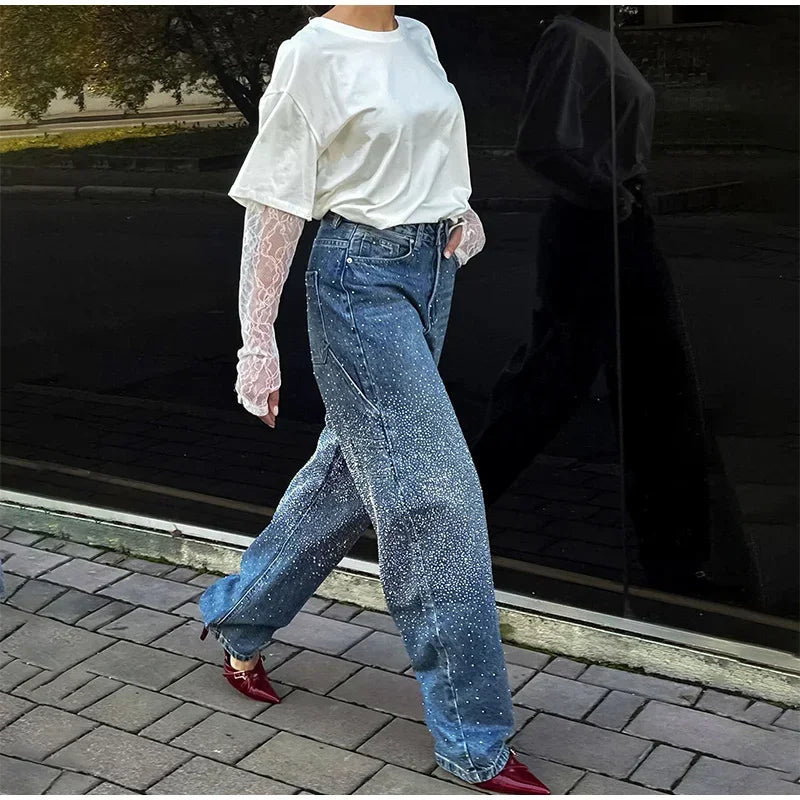 Rhinestone Wide Leg Lady Jeans Diamonds Denim Straigt High Waist Zipper Female Pants 2025 Fashion Pockets Street Lady Trouser