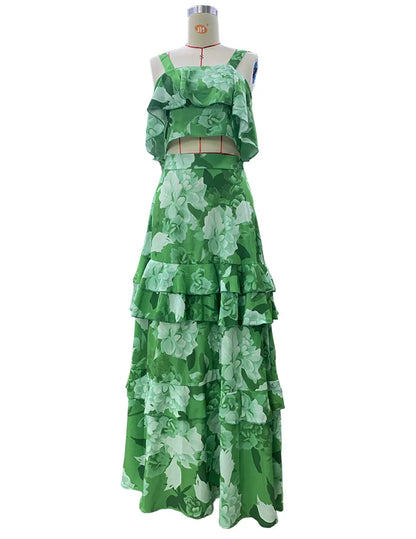 BAMBOOBOY 2 Piece Set Women Stylish Floral Elegant Printed Sleeveless Short Top+Loose High Waist Pleated Long Skirt Sets