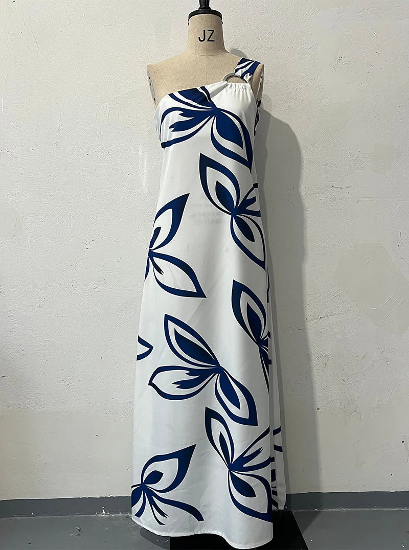 Summer Dress for Women 2024 New Slant Neck Fashion Printed Open Back Casual Dresses Sleeveless Long Skirt Female Streetwear