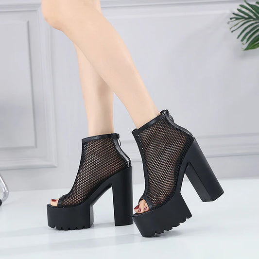 14CM Genuine Leather Square Heel Platform Boots Wedge Air Mesh Women Summer Shoes Zip Slip on Women Summer Boots Ankle