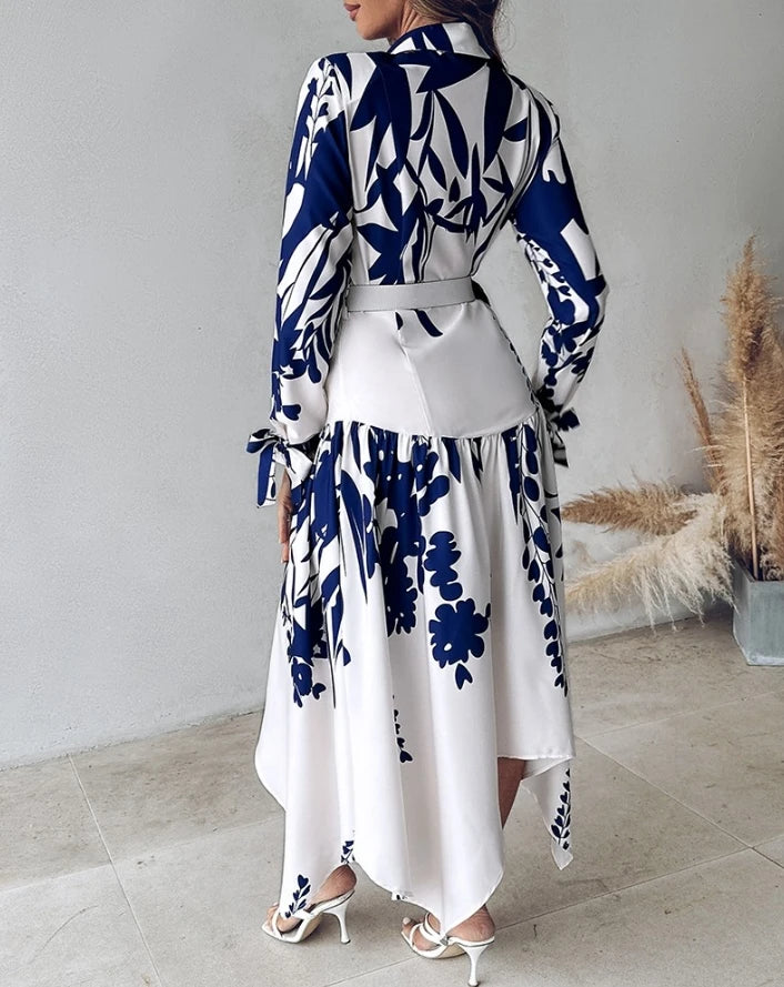 2024 Women Dress Allover Print Turn Down Collar with Belts Long Sleeves Button Plants Print Tied Detail Ruched Maxi Shirt Dress