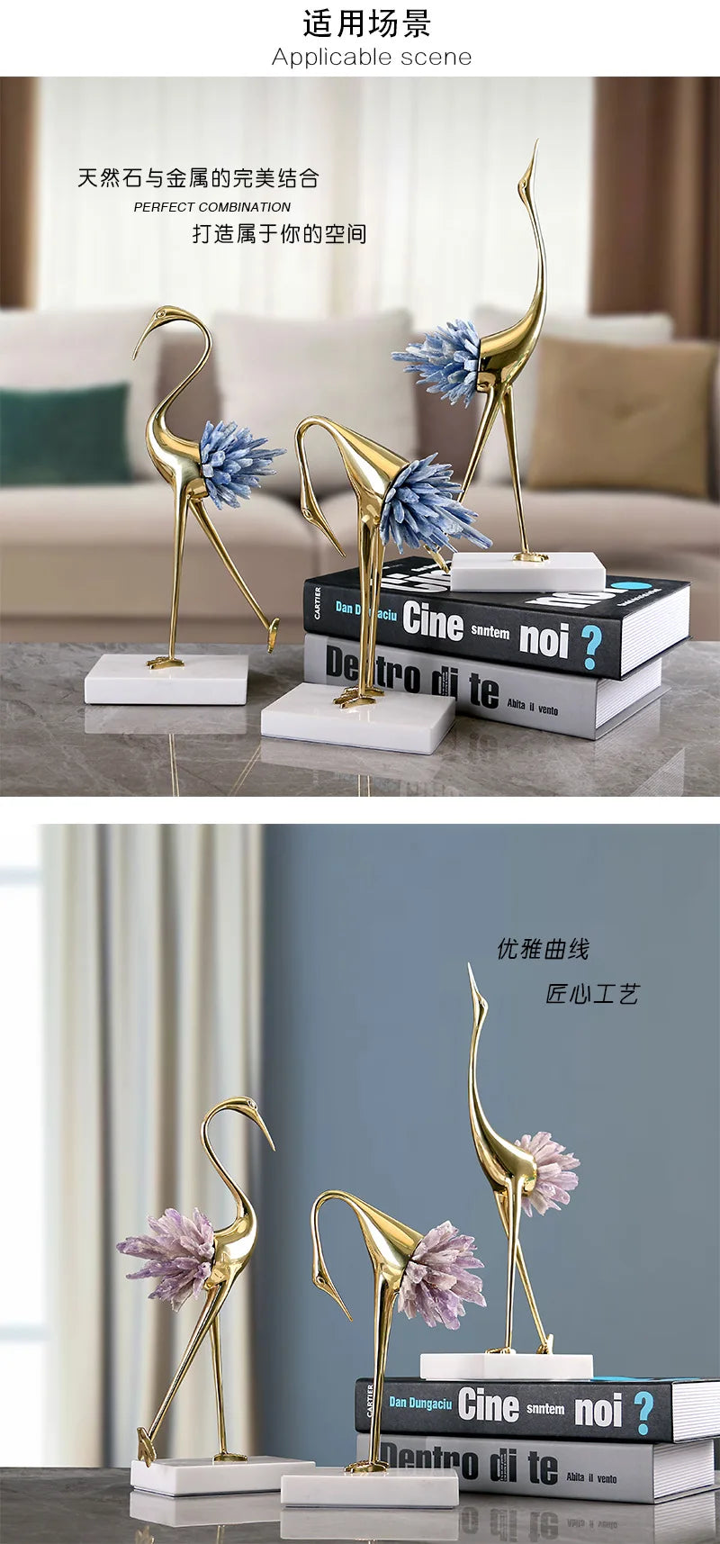 1pc Light luxury modern pure copper crystal crane ornaments metal new Chinese living room TV cabinet porch home soft decorations