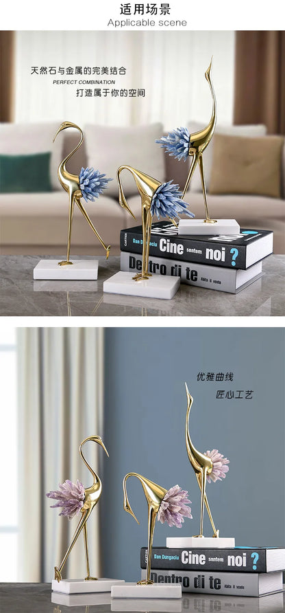 1pc Light luxury modern pure copper crystal crane ornaments metal new Chinese living room TV cabinet porch home soft decorations