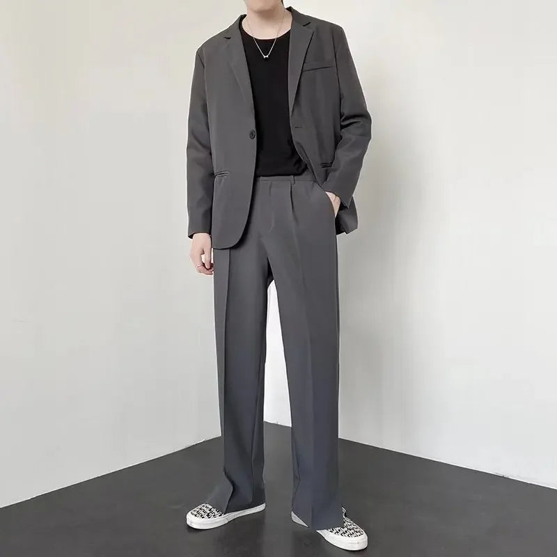 Men Casual Pants 2024 Summer New Fashion Korean Slim Suit Pants Personality Slit Wide Blazer Trousers Male Streetwear