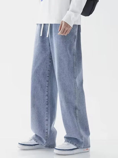 2023 New Korean Fashion Men's Casual Ankle-Length Jeans Classic Man Straight Denim Wide-leg Pants Light Blue Grey Black 3XL