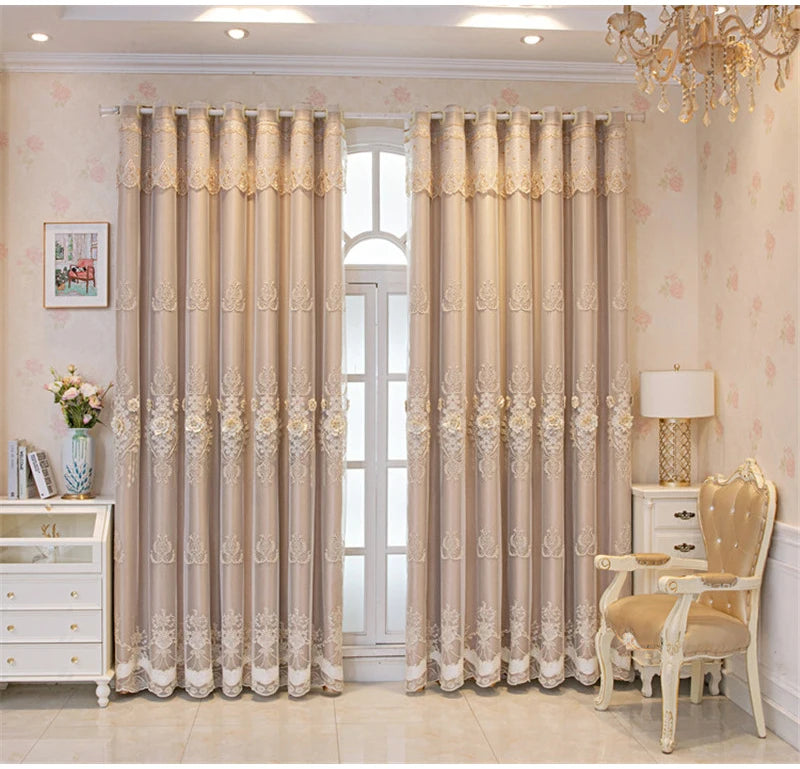 Embossed 3D Embroidered Luxury Double Layer Curtains for Living Room Bedroom Dining Elegant High Shading Coffe Windows Drapes