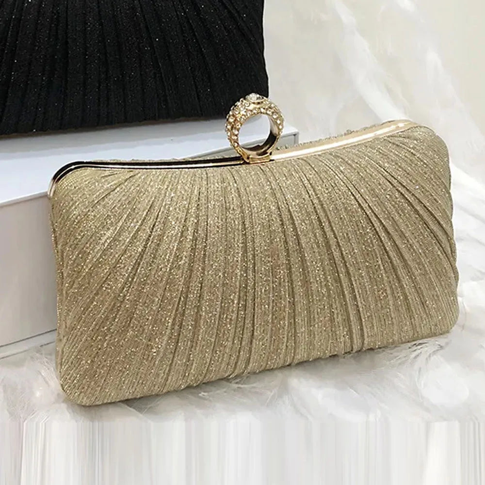 Luxury Women Clutch Shoulder Bag Purse for Party Wedding Prom Birthday Long Square Gold Evening Bags Pleated Elegant Handbag New