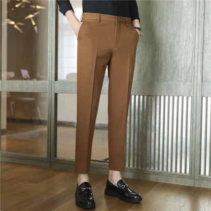 9 Color Summer Fashion Mens Suit Pants Pure Color Business Formal Pants Slim Fit Office Mens Wedding Social Ankle Long Trousers