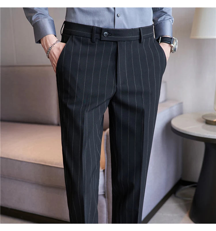 Men's Striped Suit Pants Elastic 2024 Autumn New Social Casual Trousers Slim Fit Suit Pants Business Office Wedding Men Clothing