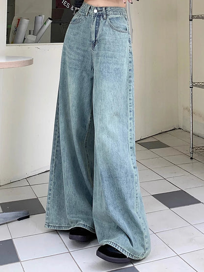 Women High Waist Korean Slacks Wide Leg Jeans Girls Punk 90s Vintage Denim Straight Leg Pants Female Light Blue Baggy Trousers